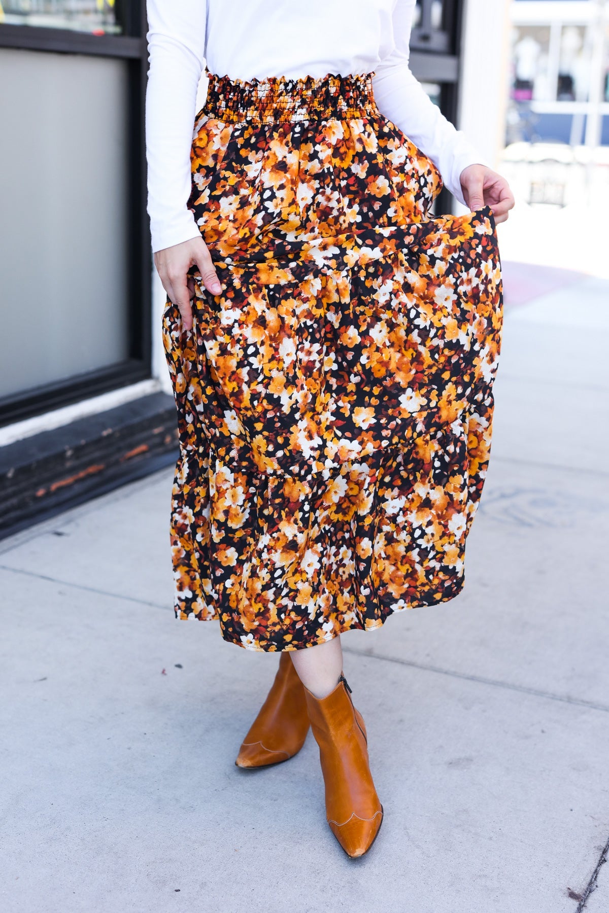 Casual Living Black Floral Tiered Smocked Waist Midi Skirt