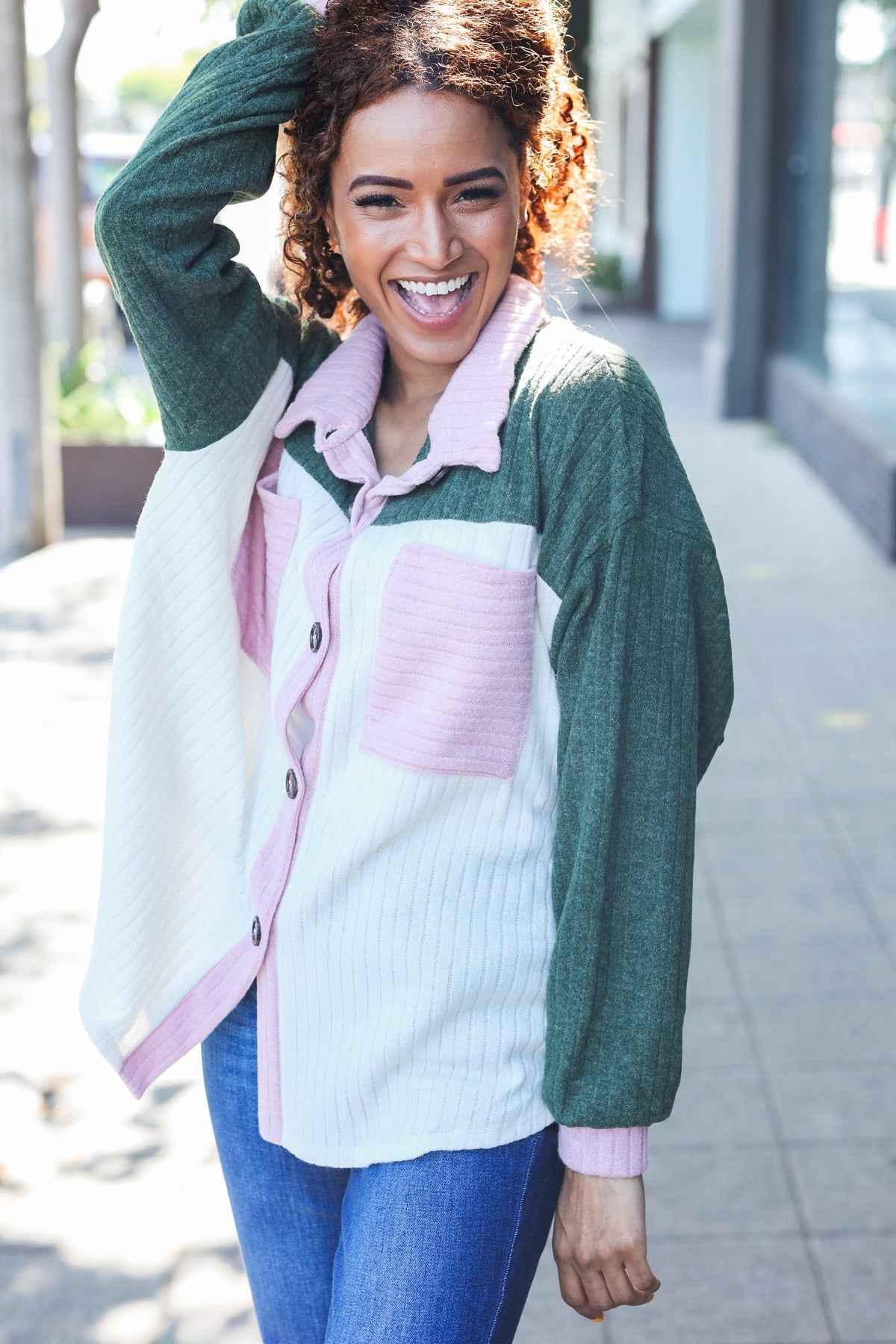 Pretty In Pink & Olive Color Block Button Down Ribbed Shacket