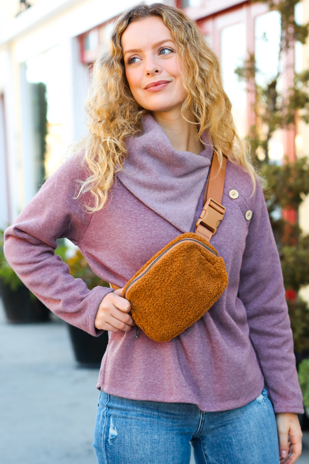 Tawny Brown Sherpa Zipper Buckle Belt Sling