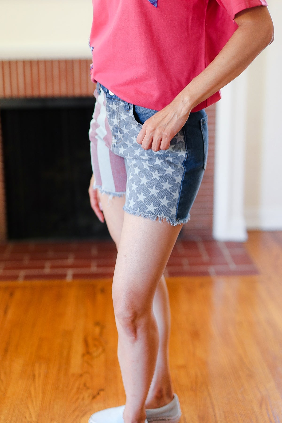 American Flag High Rise Frayed Hem Denim Shorts