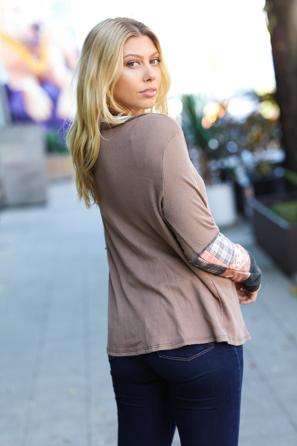 All For You Taupe Thermal Button Down Colorblock Top