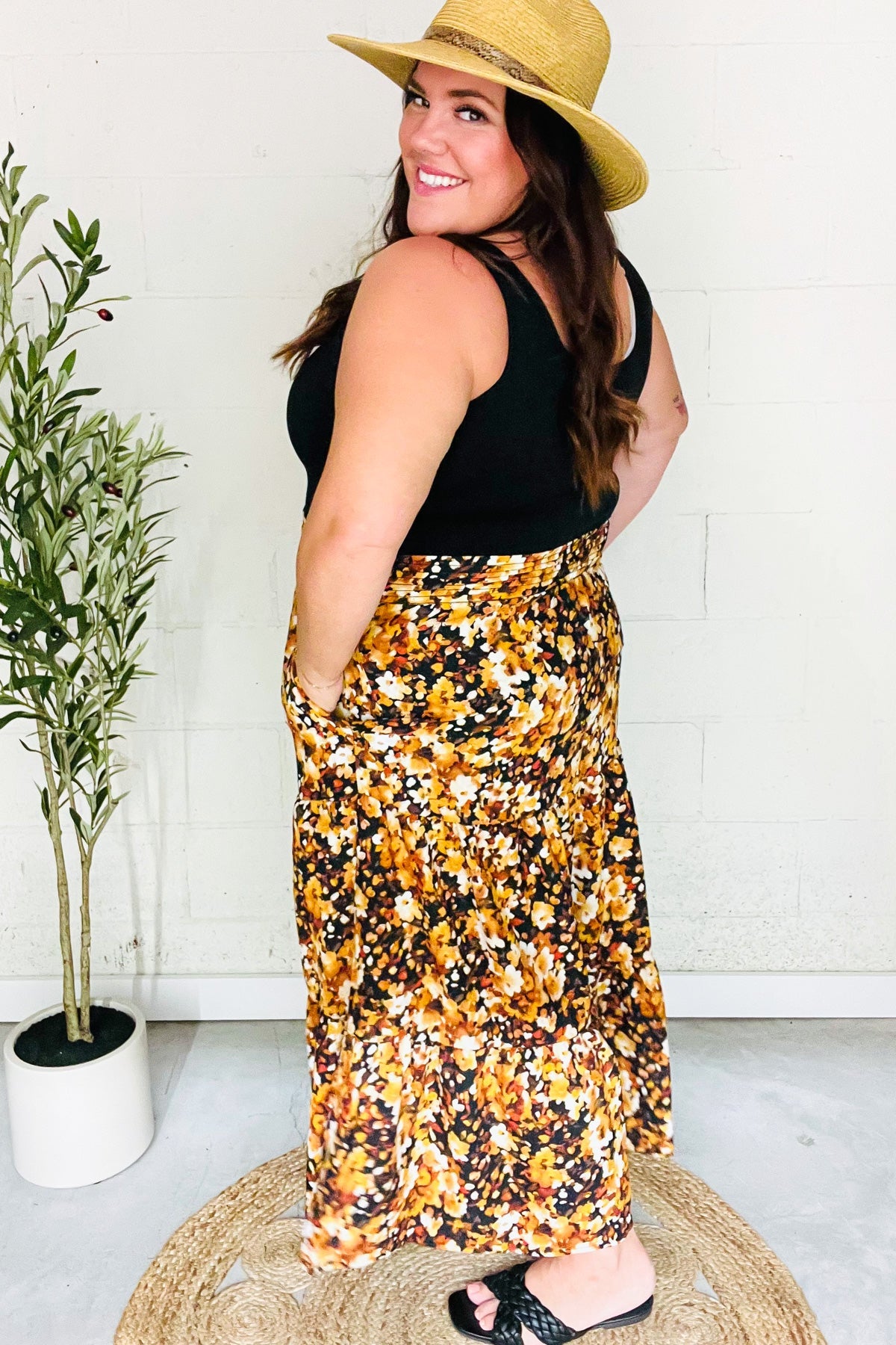 Casual Living Black Floral Tiered Smocked Waist Midi Skirt