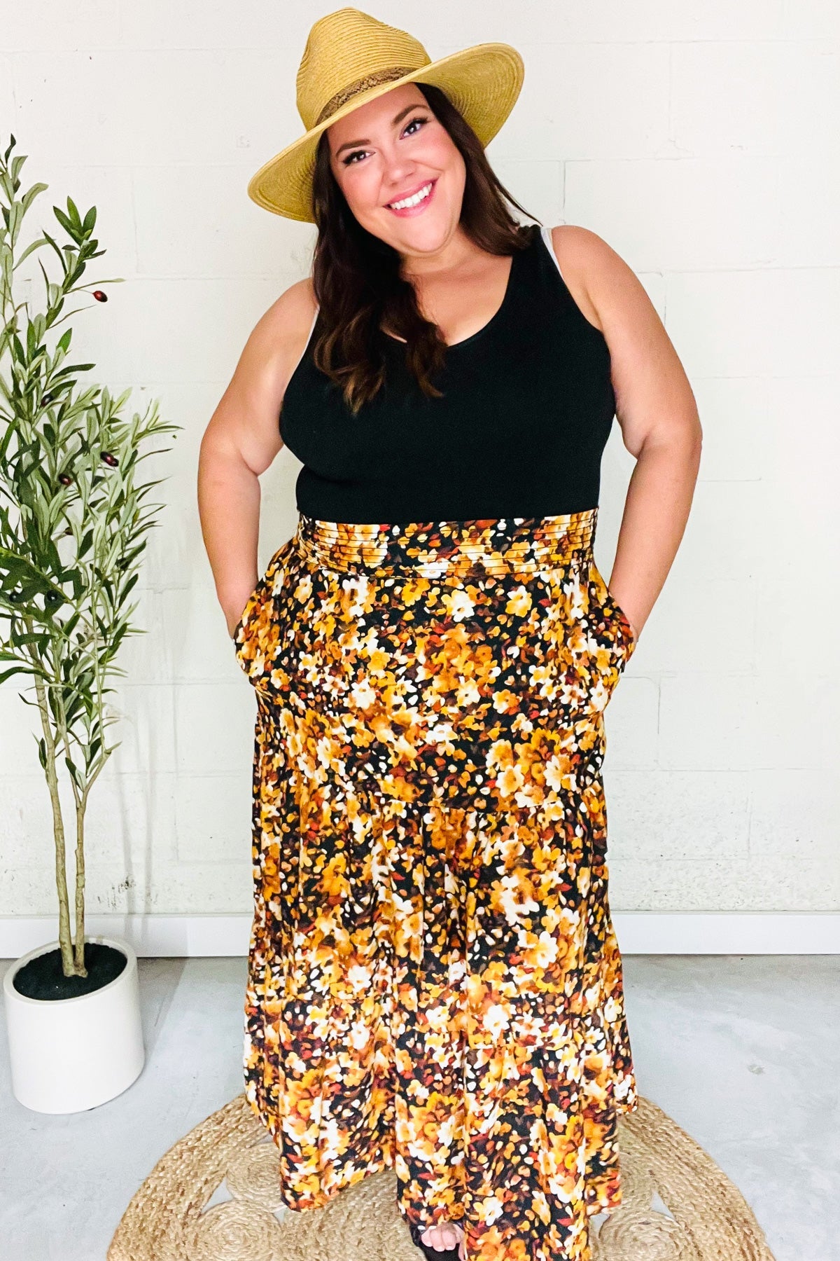 Casual Living Black Floral Tiered Smocked Waist Midi Skirt