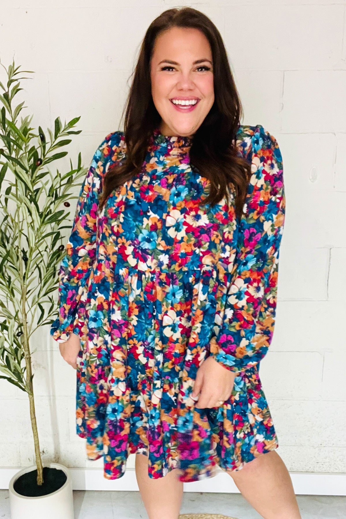 Beautiful You Teal & Berry Watercolor Floral Mock Neck Dress