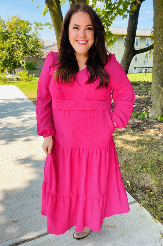 Beautiful You Berry Pintuck Detail Frill V Neck Maxi Dress